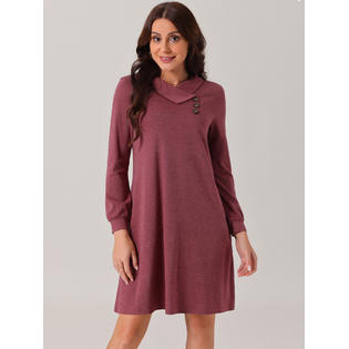 Unique Bargains Women's Fall Casual Long Sleeve Tunic Top Dress Button Lapel Pullover Flowy Dress with Pockets Wine Red XL Unique Bargains Women's Fall Casual Long Sleeve Tunic Top Dress Button Lapel Pullover Flowy Dress with Pockets Wine Red XL