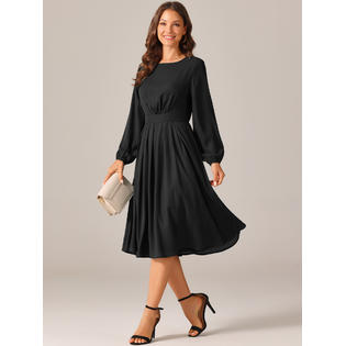 Unique Bargains Women's Long Sleeve Crewneck Casual Dress High Waist Pleated a Line Flowy Dresses Black M Unique Bargains Women's Long Sleeve Crewneck Casual Dress High Waist Pleated a Line Flowy Dresses Black M