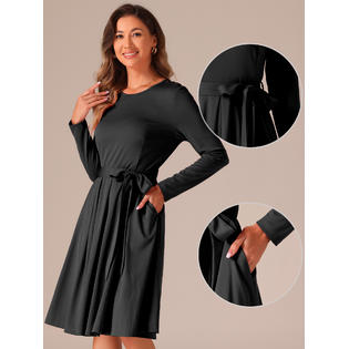 Unique Bargains Allegra K Long Sleeve Dress for Women a Line Ruffle Waist Strap Crew Neck Unique Bargains Allegra K Long Sleeve Dress for Women a Line Ruffle Waist Strap Crew Neck