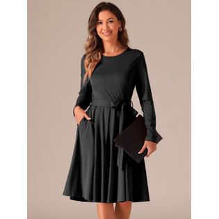 Unique Bargains Allegra K Long Sleeve Dress for Women a Line Ruffle Waist Strap Crew Neck Casual Dresses Knee Length Dress Black M Unique Bargains Allegra K Long Sleeve Dress for Women a Line Ruffle Waist Strap Crew Neck Casual Dresses Knee Length Dress Black M