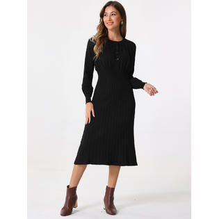 Unique Bargains Women's Ribbed Knit Dress Crew Neck Pleated Lantern Sleeve Midi A-line Dresses Black Unique Bargains Women's Ribbed Knit Dress Crew Neck Pleated Lantern Sleeve Midi A-line Dresses Black