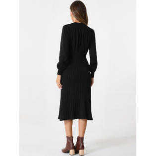 Unique Bargains Women's Ribbed Knit Dress Crew Neck Pleated Lantern Sleeve Midi A-line Dresses Black XL Unique Bargains Women's Ribbed Knit Dress Crew Neck Pleated Lantern Sleeve Midi A-line Dresses Black XL