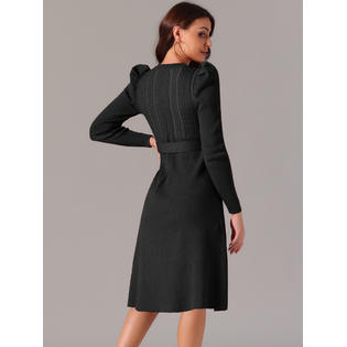 Inspire Chic Women's Puff Long Sleeve Sweater Dresses Crewneck Tie Waist A-Line Swing Casual Ribbed Knit Midi Dress L Black, Size: Large Inspire Chic Women's Puff Long Sleeve Sweater Dresses Crewneck Tie Waist A-Line Swing Casual Ribbed Knit Midi Dress L Black, Size: Large