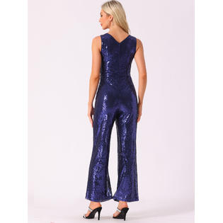 Unique Bargains Sequin Party Jumpsuit for Women's Sleeveless V Neck Glitter Cocktail Jumpsuit Dark Blue S Unique Bargains Sequin Party Jumpsuit for Women's Sleeveless V Neck Glitter Cocktail Jumpsuit Dark Blue S