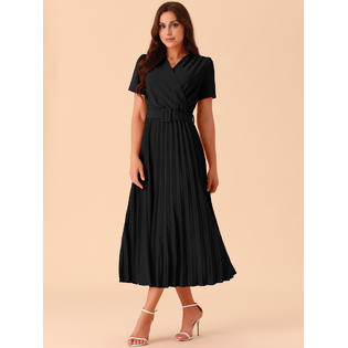 Unique Bargains Women's 2024 Casual Short Sleeve Wrap V Neck Flowy Pleated Midi Dress with Belt Black S Unique Bargains Women's 2024 Casual Short Sleeve Wrap V Neck Flowy Pleated Midi Dress with Belt Black S