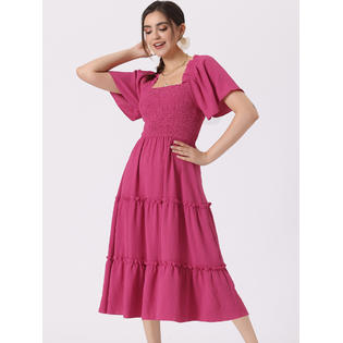 Unique Bargains Boho Midi Dress for Women's Square Neck Flutter Short Sleeve Tiered Flowy Smocked Dress Hot Pink XS Unique Bargains Boho Midi Dress for Women's Square Neck Flutter Short Sleeve Tiered Flowy Smocked Dress Hot Pink XS