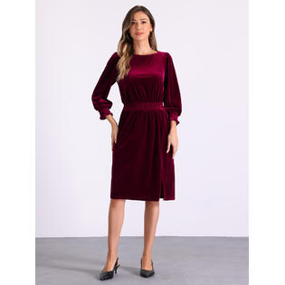 Unique Bargains Velvet Midi Dress for Women's Boat Neck Puff Sleeve Smocked Dress Burgundy L Unique Bargains Velvet Midi Dress for Women's Boat Neck Puff Sleeve Smocked Dress Burgundy L