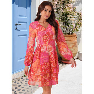 Unique Bargains Women's V Neck Floral Dress Long Sleeve High Waist Ruffle Swing Skater Chiffon Mini Dress Rose Red M Unique Bargains Women's V Neck Floral Dress Long Sleeve High Waist Ruffle Swing Skater Chiffon Mini Dress Rose Red M