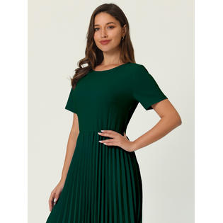 Unique Bargains Women's Pleated Dresses Midi Short Sleeve Work A-Line Dress Green L Unique Bargains Women's Pleated Dresses Midi Short Sleeve Work A-Line Dress Green L
