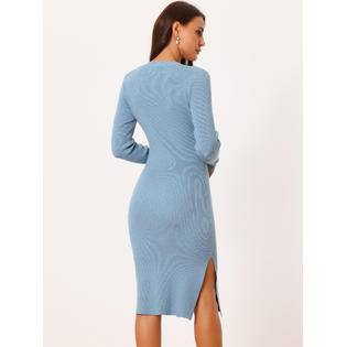 Unique Bargains Women's Square Neck Long Sleeve Slim Fit Ribbed Knit Bodycon Midi Sweater Dress Blue L Unique Bargains Women's Square Neck Long Sleeve Slim Fit Ribbed Knit Bodycon Midi Sweater Dress Blue L