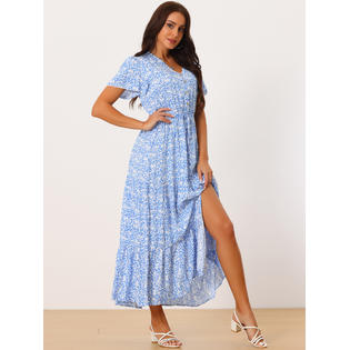 Unique Bargains Women's Summer Dresses Casual V Neck Split Hem Short Sleeve Sundress Floral Maxi Dress Unique Bargains Women's Summer Dresses Casual V Neck Split Hem Short Sleeve Sundress Floral Maxi Dress
