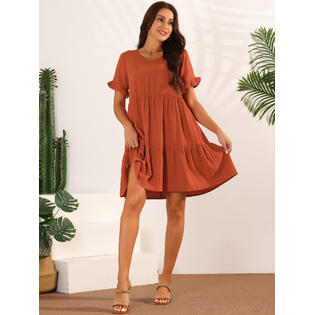Unique Bargains Women's Casual V Neck Babydoll Dress with Pockets Ruffle Short Sleeve Tiered A-Line Flowy Beach Dress Brick Red M Unique Bargains Women's Casual V Neck Babydoll Dress with Pockets Ruffle Short Sleeve Tiered A-Line Flowy Beach Dress Brick Red M