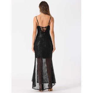 Unique Bargains Women's Sequin Evening Dress V Neck Spaghetti Straps Maxi Split Gown Dresses Black S Unique Bargains Women's Sequin Evening Dress V Neck Spaghetti Straps Maxi Split Gown Dresses Black S