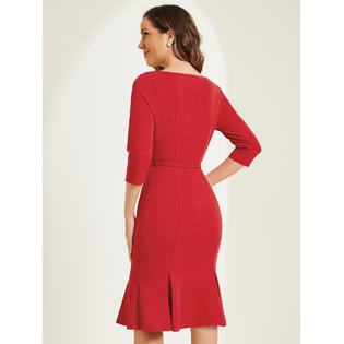 Unique Bargains Business Elegant Dresses for Women's Boat Neck 3/4 Sleeve Pleated Modest Midi Dress Unique Bargains Business Elegant Dresses for Women's Boat Neck 3/4 Sleeve Pleated Modest Midi Dress