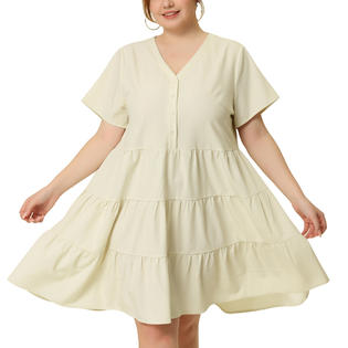 Unique Bargains Women's Plus Size Denim Dress Tiered V Neck Short Sleeve Midi Chambray Dresses Apricot 1X Unique Bargains Women's Plus Size Denim Dress Tiered V Neck Short Sleeve Midi Chambray Dresses Apricot 1X
