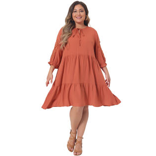 Unique Bargains Plus Size Dress for Womens V Neck Tie Lace Sleeve Casual Summer Ruffle Hem Unique Bargains Plus Size Dress for Womens V Neck Tie Lace Sleeve Casual Summer Ruffle Hem