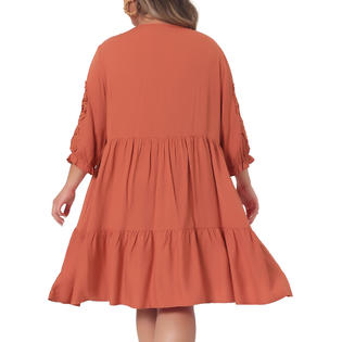 Unique Bargains Plus Size Dress for Womens V Neck Tie Lace Sleeve Casual Summer Ruffle Hem Unique Bargains Plus Size Dress for Womens V Neck Tie Lace Sleeve Casual Summer Ruffle Hem
