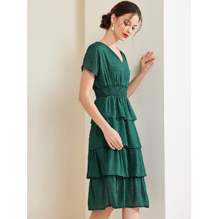 Unique Bargains Women's Summer V Neck Batwing Sleeve Smocked Waist Layer Tiered Dress Green L Unique Bargains Women's Summer V Neck Batwing Sleeve Smocked Waist Layer Tiered Dress Green L