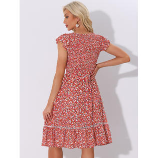 Unique Bargains Women's Fit and Flare Summer Floral Midi Smocked Dress Red XL Unique Bargains Women's Fit and Flare Summer Floral Midi Smocked Dress Red XL