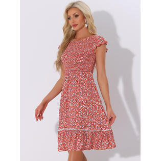 Unique Bargains Women's Fit and Flare Summer Floral Midi Smocked Dress Red XL Unique Bargains Women's Fit and Flare Summer Floral Midi Smocked Dress Red XL