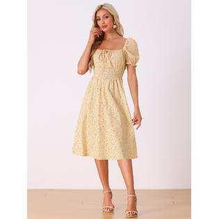 Unique Bargains Summer Floral Dress for Women's Puff Sleeve Square Neck Midi Smocked Dresses Beige Pink S Unique Bargains Summer Floral Dress for Women's Puff Sleeve Square Neck Midi Smocked Dresses Beige Pink S