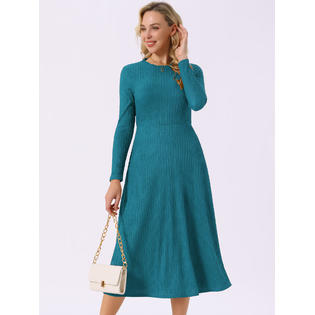 Unique Bargains Women's SpringFall Long Sleeve Round Neck Casual Knit A-Line Midi Dress Lake Blue L Unique Bargains Women's SpringFall Long Sleeve Round Neck Casual Knit A-Line Midi Dress Lake Blue L