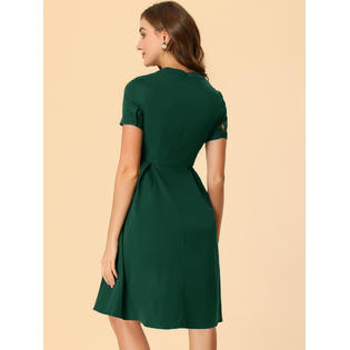 Unique Bargains Allegra K Women's Round Neck Short Sleeve Pleated Vintage Dress Dark Green S Unique Bargains Allegra K Women's Round Neck Short Sleeve Pleated Vintage Dress Dark Green S
