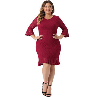 Unique Bargains Women's Plus Size Engagement Dresses V Neck Flared Sleeve Ruffle Hem Lace Cocktail Dress Burgundy 1X Unique Bargains Women's Plus Size Engagement Dresses V Neck Flared Sleeve Ruffle Hem Lace Cocktail Dress Burgundy 1X