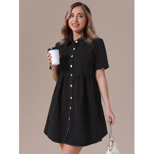 Unique Bargains Women's Denim Dress Babydoll Tiered Short Sleeve Button Down Jean Shirt Dresses Black XX- Unique Bargains Women's Denim Dress Babydoll Tiered Short Sleeve Button Down Jean Shirt Dresses Black XX-