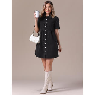 Unique Bargains Women's Denim Dress Babydoll Tiered Short Sleeve Button Down Jean Shirt Dresses Black XX- Unique Bargains Women's Denim Dress Babydoll Tiered Short Sleeve Button Down Jean Shirt Dresses Black XX-