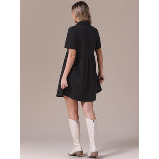 Unique Bargains Women's Denim Dress Babydoll Tiered Short Sleeve Button Down Jean Shirt Dresses Black XX- Unique Bargains Women's Denim Dress Babydoll Tiered Short Sleeve Button Down Jean Shirt Dresses Black XX-