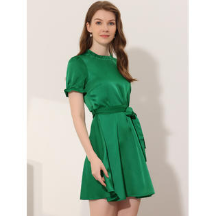 Unique Bargains Allegra K Women's Ruffle Neck Stand Collar Tie Waist Satin Puff Short Sleeve Dress Green XS Unique Bargains Allegra K Women's Ruffle Neck Stand Collar Tie Waist Satin Puff Short Sleeve Dress Green XS