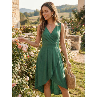 Unique Bargains Women's Summer Sleeveless High Low Wrap V Neck Midi Knit Dresses Pleated Flowy Tnak Dress with Pockets Green M Unique Bargains Women's Summer Sleeveless High Low Wrap V Neck Midi Knit Dresses Pleated Flowy Tnak Dress with Pockets Green M