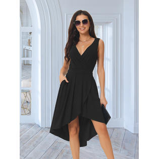 Unique Bargains Women's Summer Sleeveless High Low Wrap V Neck Midi Knit Dresses Pleated Flowy Tnak Dress with Pockets Black S Unique Bargains Women's Summer Sleeveless High Low Wrap V Neck Midi Knit Dresses Pleated Flowy Tnak Dress with Pockets Black S