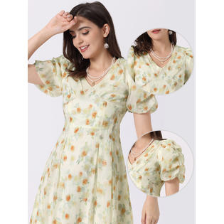 Unique Bargains Floral Print Dress for Women's 2024 Short Sleeve