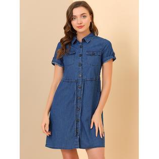 Unique Bargains Women's Jean Dress Chambray Summer Casual Button Down Denim Dresses Medium Sky Blue Unique Bargains Women's Jean Dress Chambray Summer Casual Button Down Denim Dresses Medium Sky Blue