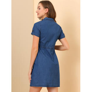 Unique Bargains Women's Jean Dress Chambray Summer Casual Button Down Denim Dresses Large Sky Blue Unique Bargains Women's Jean Dress Chambray Summer Casual Button Down Denim Dresses Large Sky Blue