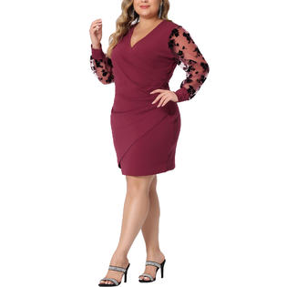 Unique Bargains Plus Size Dress for Women Deep V Neck Faux Wrap Sheer Long Sleeve Midi Unique Bargains Plus Size Dress for Women Deep V Neck Faux Wrap Sheer Long Sleeve Midi