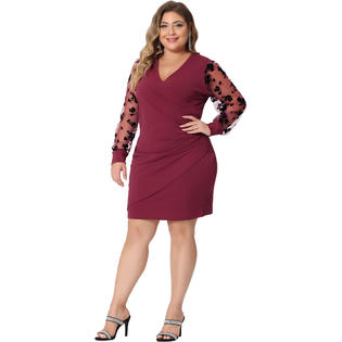 Unique Bargains Plus Size Dress for Women Deep V Neck Faux Wrap Sheer Long Sleeve Midi Unique Bargains Plus Size Dress for Women Deep V Neck Faux Wrap Sheer Long Sleeve Midi