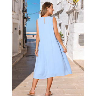 Unique Bargains Women's Linen Sleeveless Dresses Crewneck Loose Fit Shift Casual Tank Dress with Pockets Blue L Unique Bargains Women's Linen Sleeveless Dresses Crewneck Loose Fit Shift Casual Tank Dress with Pockets Blue L