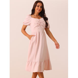 Unique Bargains Women's Summer Dresses Casual Flowy Beach Square Neck Puff Short Sleeve Smocked Back Midi Dress with Pockets Pink M Unique Bargains Women's Summer Dresses Casual Flowy Beach Square Neck Puff Short Sleeve Smocked Back Midi Dress with Pockets Pink M