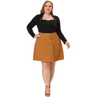 Unique Bargains Plus Size Corduroy Skirt for Women Button Casual