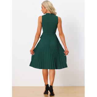 Unique Bargains Elegant Pleated Dress for Women's Sleeveless V Neck Belted A-line Midi Dresses Dark Green S Unique Bargains Elegant Pleated Dress for Women's Sleeveless V Neck Belted A-line Midi Dresses Dark Green S