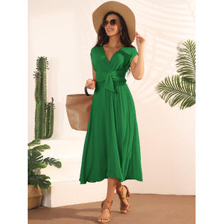 Unique Bargains Women's Casual Sleeveless Wrap V Neck Flowy Ruffle Pleated Midi Dress with Belt Green Unique Bargains Women's Casual Sleeveless Wrap V Neck Flowy Ruffle Pleated Midi Dress with Belt Green