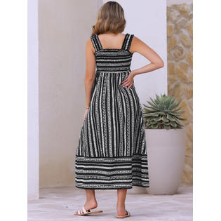 Unique Bargains Sleeveless Summer Dress for Women's Smocked Printed Boho Maxi Dresses Black S Unique Bargains Sleeveless Summer Dress for Women's Smocked Printed Boho Maxi Dresses Black S