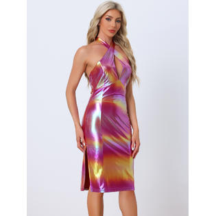 Unique Bargains Women's Sparkly Criss Cross Halter Neck Dress Y2K Keyhole Bodycon Midi Dresses Gradient Pink Unique Bargains Women's Sparkly Criss Cross Halter Neck Dress Y2K Keyhole Bodycon Midi Dresses Gradient Pink