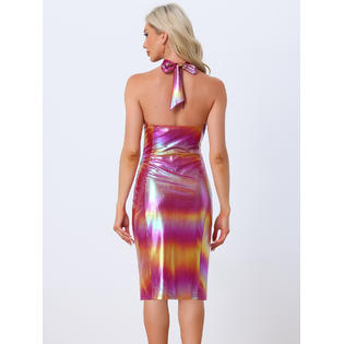 Unique Bargains Women's Sparkly Criss Cross Halter Neck Dress Y2K Keyhole Bodycon Midi Dresses Gradient Pink Unique Bargains Women's Sparkly Criss Cross Halter Neck Dress Y2K Keyhole Bodycon Midi Dresses Gradient Pink