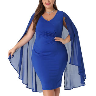 Unique Bargains Plus Size Dress for Women V Neck Cape Sleeve Midi Bodycon Cocktail Dress Blue Unique Bargains Plus Size Dress for Women V Neck Cape Sleeve Midi Bodycon Cocktail Dress Blue