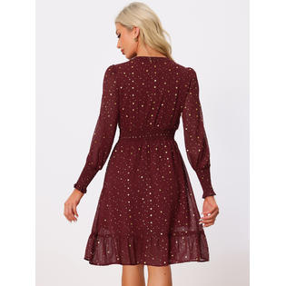 Unique Bargains Metallic Star Dress for Women's V Neck Button Up Smocked Chiffon Dresses Burgundy-Star XS Unique Bargains Metallic Star Dress for Women's V Neck Button Up Smocked Chiffon Dresses Burgundy-Star XS