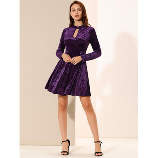 Unique Bargains Women's Keyhole Neck Dresses High Waist Long Sleeve Velvet Swing Mini Dress X-Large Purple Unique Bargains Women's Keyhole Neck Dresses High Waist Long Sleeve Velvet Swing Mini Dress X-Large Purple